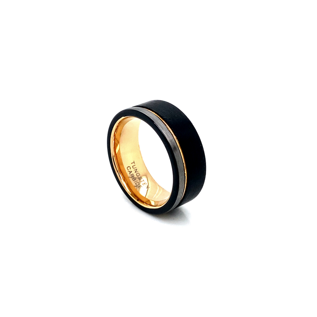 Men's Black, Silver and Rose Gold Tungsten Ring