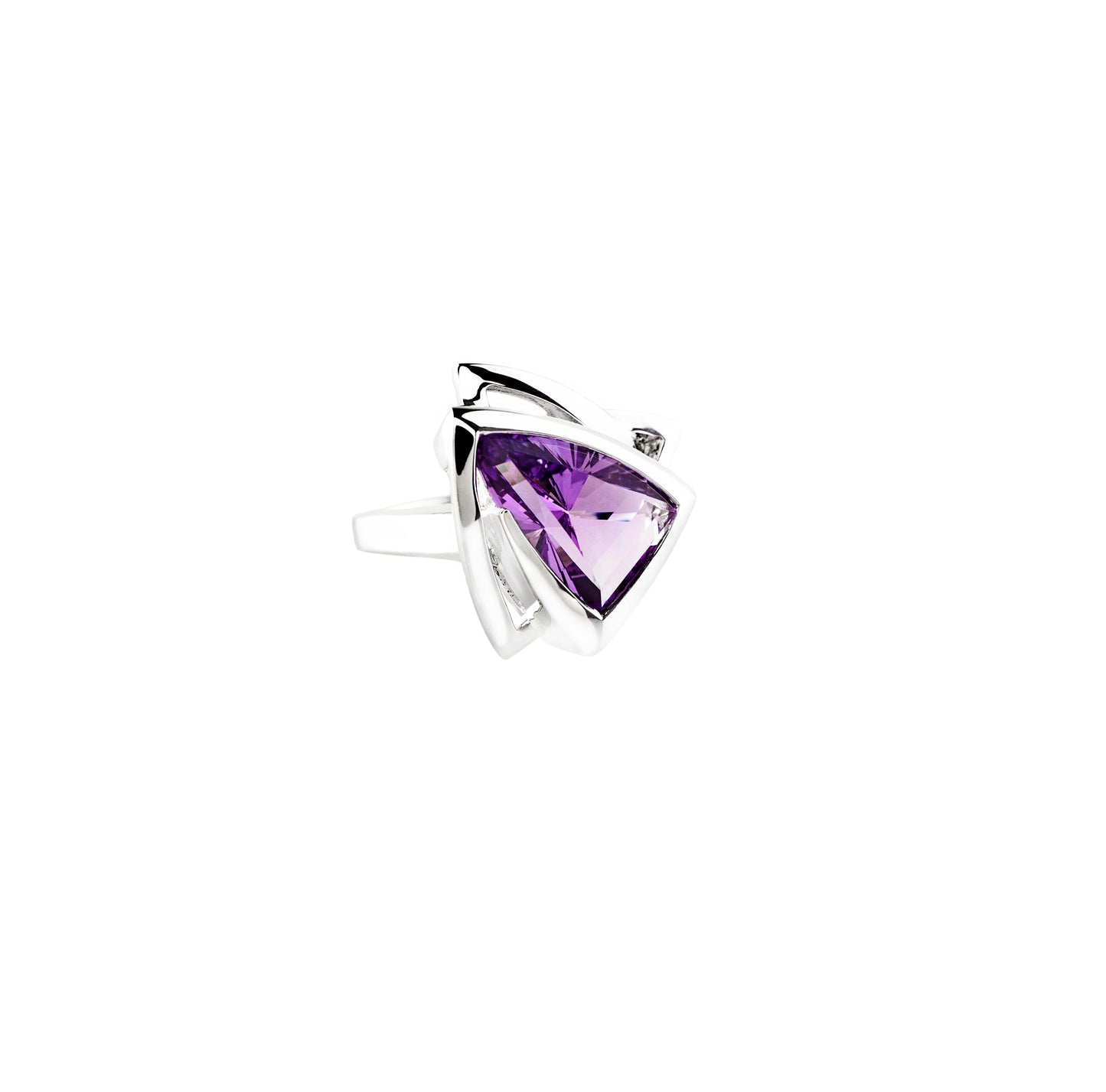 Amethyst Trillion Cut Rhodium Plated Sterling Silver Ring - Twisted Earth Artistry