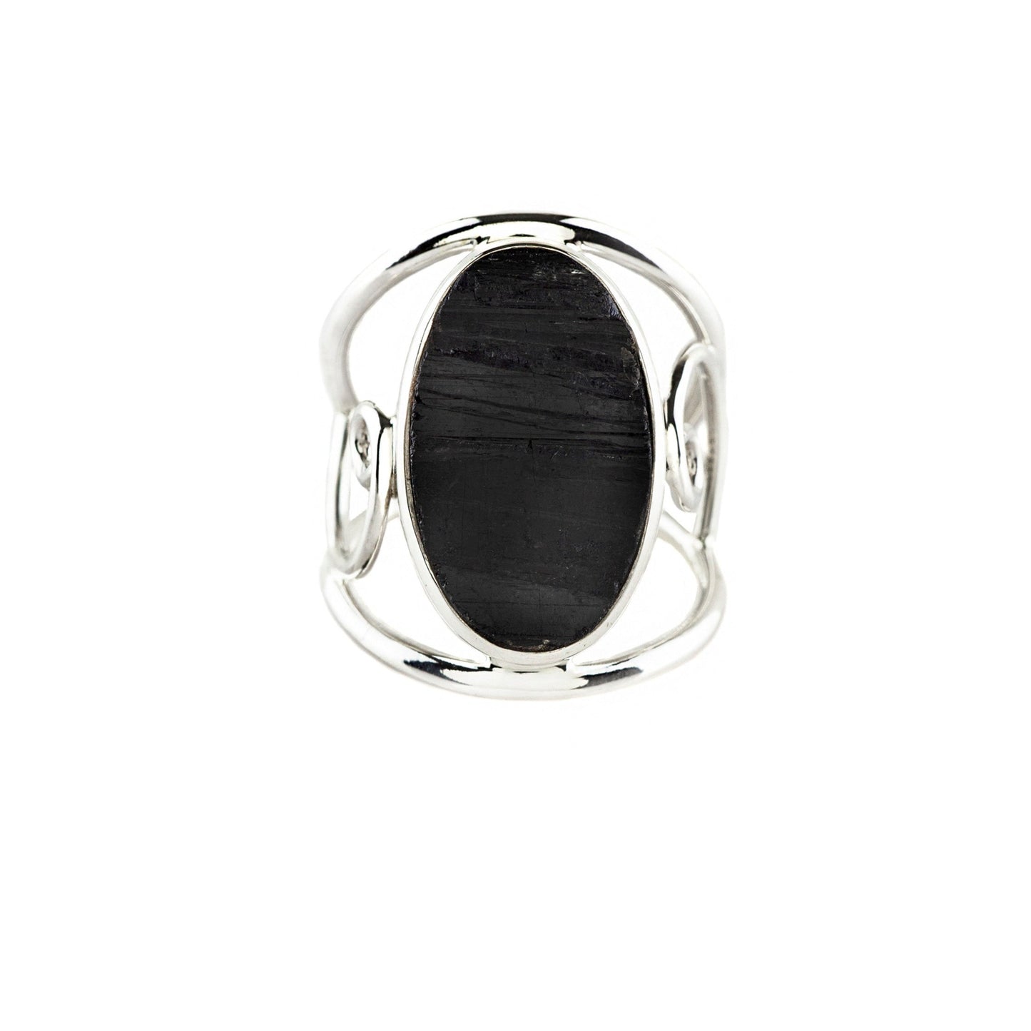 Black Tourmaline Horizontal Sterling Silver Scrolled Band - Twisted Earth Artistry