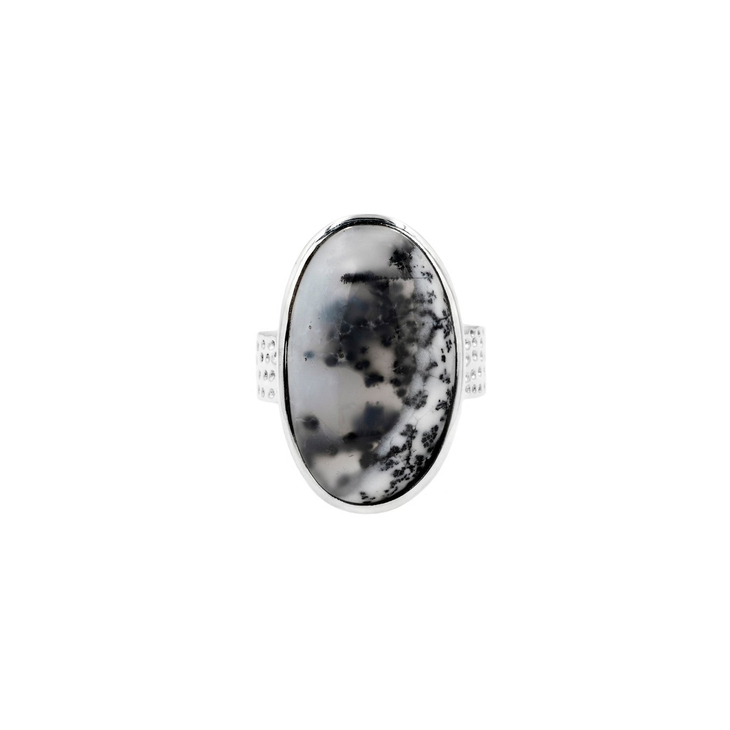 Dendritic Opal Oval Ring - Hammered Sterling Silver Ring - Twisted Earth Artistry