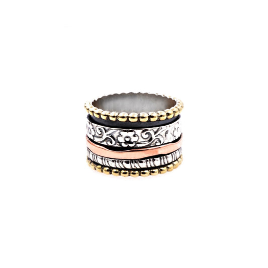 Floral Sterling Silver, Brass and Copper Spinner Ring