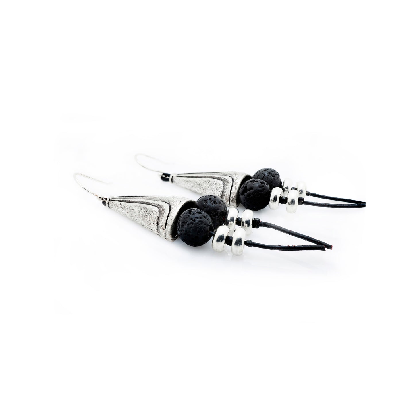 Pewter, Lava Stone & Leather Earrings