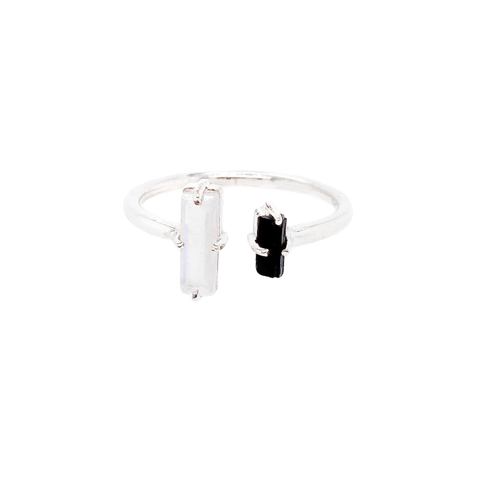 Moonstone Black Tourmaline Floating Baguette Ring - Twisted Earth Artistry