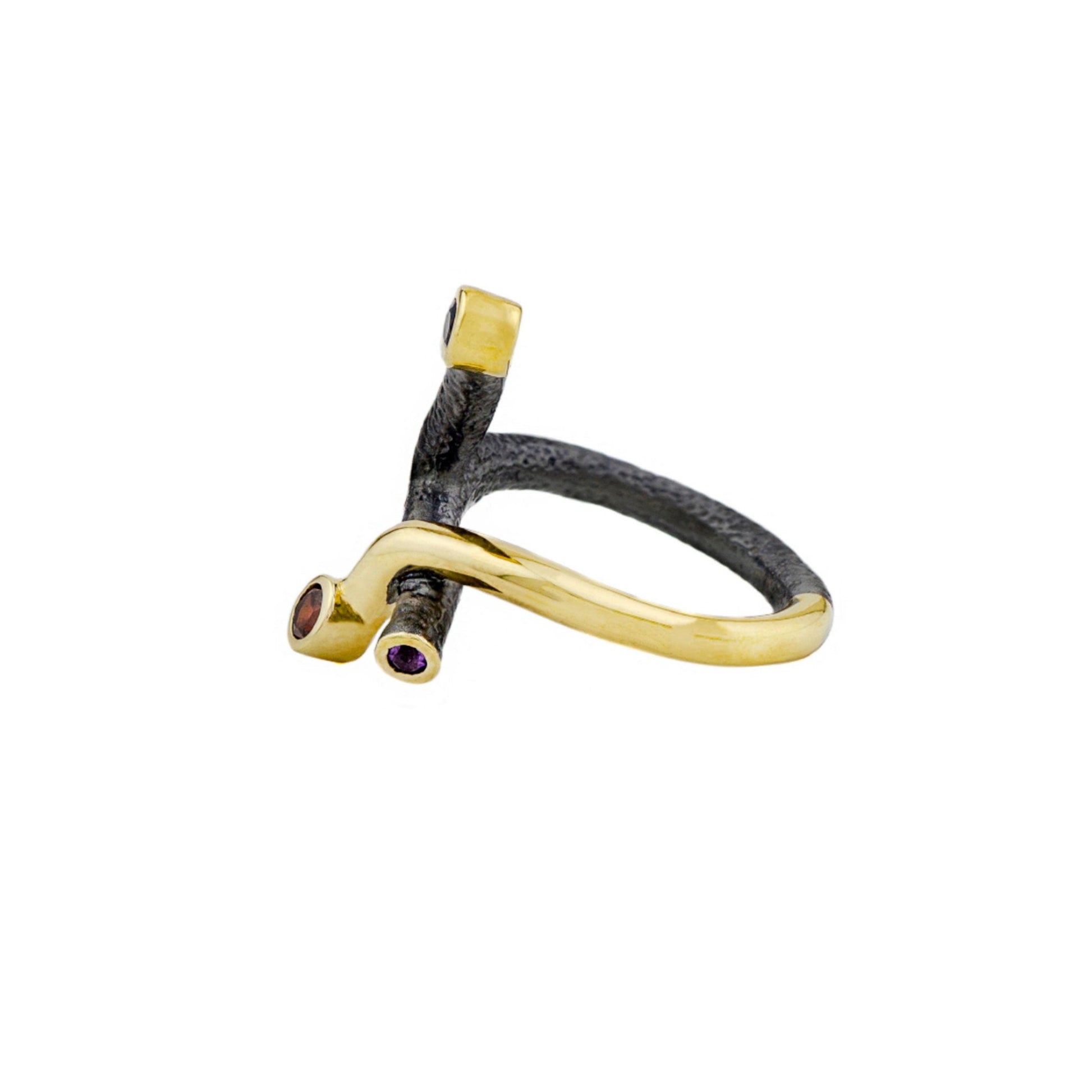14k Gold Plated Sapphire -Garnet - Amethyst Oxidized Sterling Silver Ring - Twisted Earth Artistry