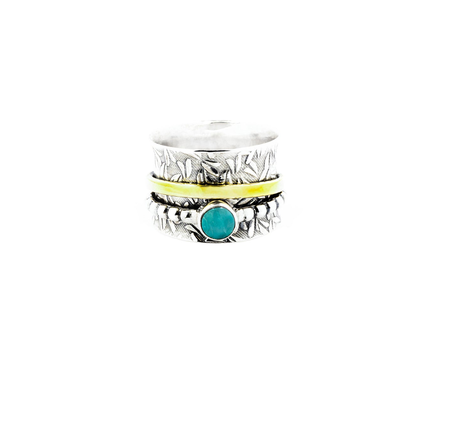 Turquoise Silver and Brass Spinner Ring