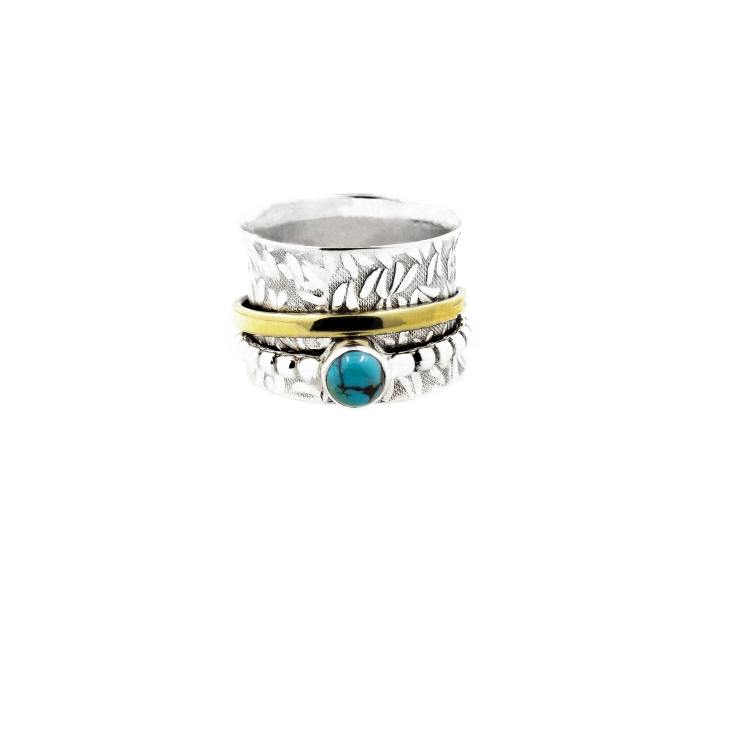 Turquoise Silver and Brass Spinner Ring