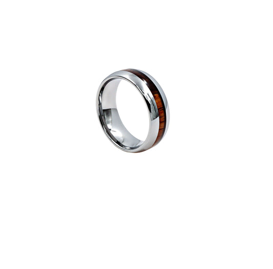 Silver Tungsten with Thin Koa Wood Inlay Comfort Fit Ring - Twisted Earth Artistry