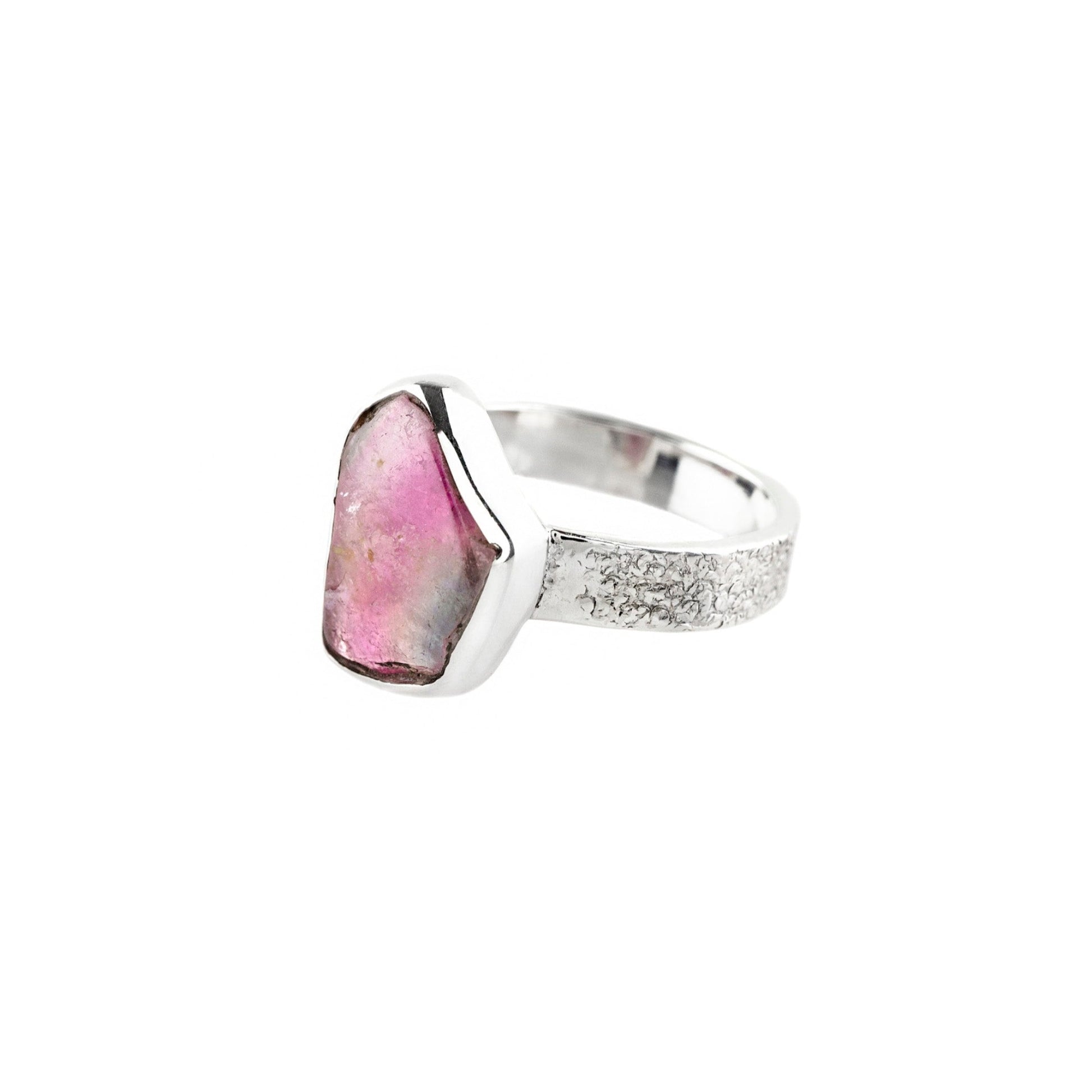 Watermelon Tourmanline Textured Sterling Silver Ring - Twisted Earth Artistry
